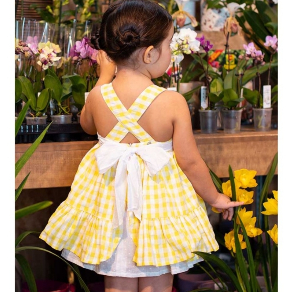 FOQUE GIRLS YELLOW GINGHAM DRESS BACK BOW SIZE 3-4